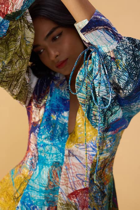 Saaksha & Kinni_Blue Cambric V-neck Scribble Dense Rumi Print Dress _Online_at_Aza_Fashions