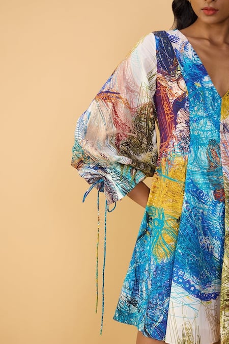 Buy_Saaksha & Kinni_Blue Cambric V-neck Scribble Dense Rumi Print Dress _Online_at_Aza_Fashions
