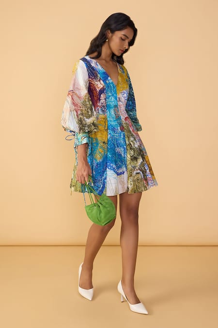 Shop_Saaksha & Kinni_Blue Cambric V-neck Scribble Dense Rumi Print Dress _Online_at_Aza_Fashions