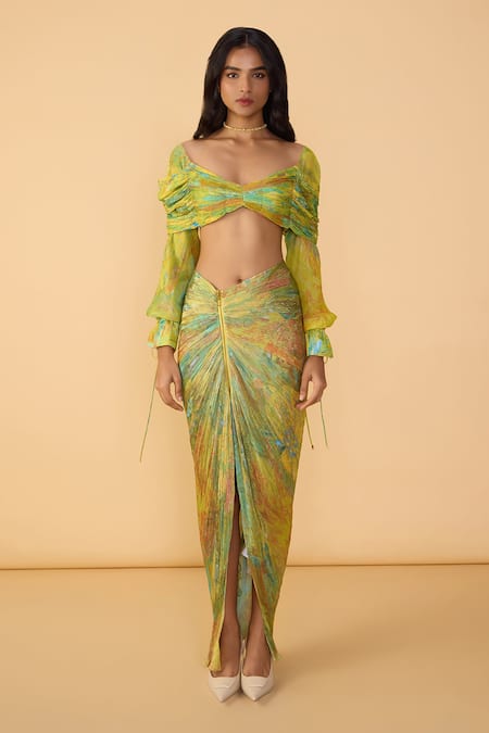 Buy_Saaksha & Kinni_Multi Color Chiffon Off-shoulder, V-neck Yellow Daisy Kanissa Blouse _Online_at_Aza_Fashions