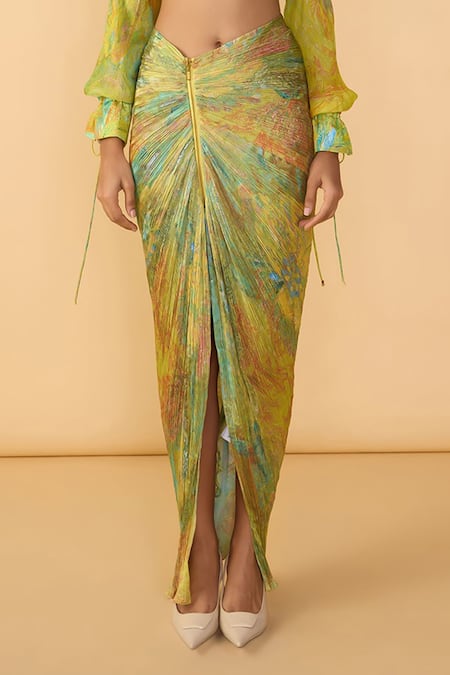 Saaksha & Kinni_Green Polyester Yellow Daisy Gigi Skirt _Online_at_Aza_Fashions