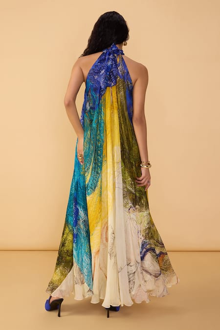 Shop Saaksha & Kinni Multi Color Chiffon Halter Neck Scribble Dense Stella Printed Dress at Aza Fashions Shop_Saaksha & Kinni_Multi Color Chiffon Halter Neck Scribble Dense Stella Printed Dress _at_Aza_Fashions