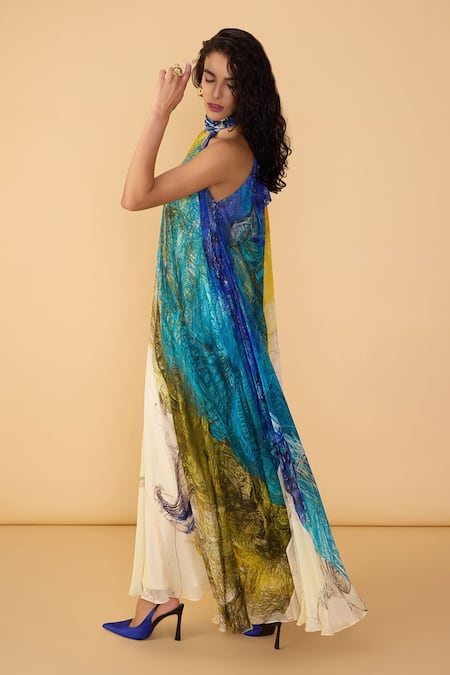 Buy Saaksha & Kinni Multi Color Chiffon Halter Neck Scribble Dense Stella Printed Dress Online at Aza Fashions Buy_Saaksha & Kinni_Multi Color Chiffon Halter Neck Scribble Dense Stella Printed Dress _Online_at_Aza_Fashions