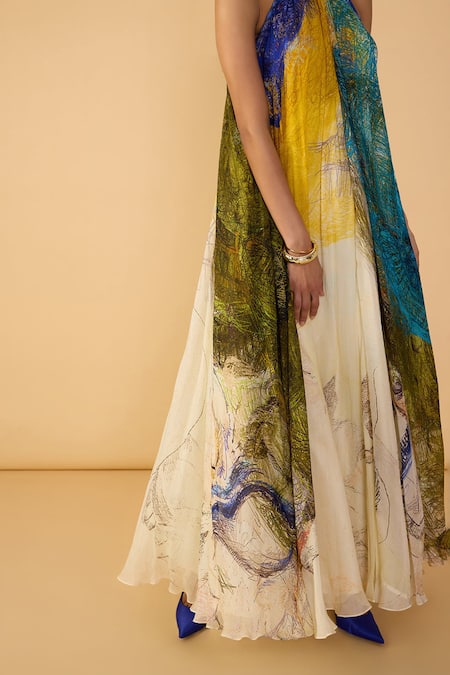 Shop Saaksha & Kinni Multi Color Chiffon Halter Neck Scribble Dense Stella Printed Dress Online at Aza Fashions Shop_Saaksha & Kinni_Multi Color Chiffon Halter Neck Scribble Dense Stella Printed Dress _Online_at_Aza_Fashions