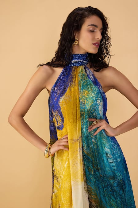 Saaksha & Kinni Multi Color Chiffon Halter Neck Scribble Dense Stella Printed Dress at Aza Fashions Saaksha & Kinni_Multi Color Chiffon Halter Neck Scribble Dense Stella Printed Dress _at_Aza_Fashions