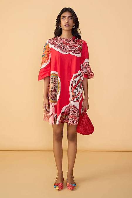 Saaksha & Kinni_Red Cambric Round Neck Velvet Nova Dress _Online_at_Aza_Fashions