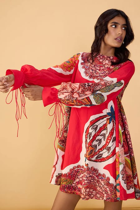 Buy_Saaksha & Kinni_Red Cambric Round Neck Velvet Nova Dress _Online_at_Aza_Fashions