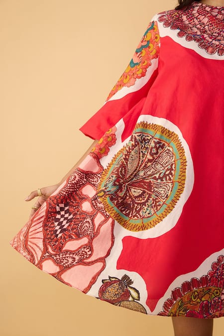 Shop_Saaksha & Kinni_Red Cambric Round Neck Velvet Nova Dress _Online_at_Aza_Fashions