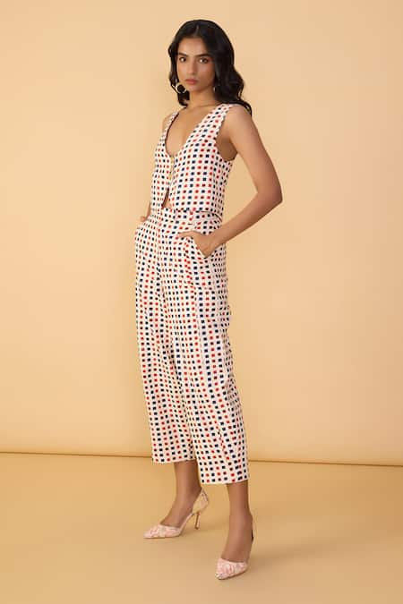 Saaksha & Kinni_Cream Plunge Neck Box Delfie Printed Waistcoat _Online_at_Aza_Fashions