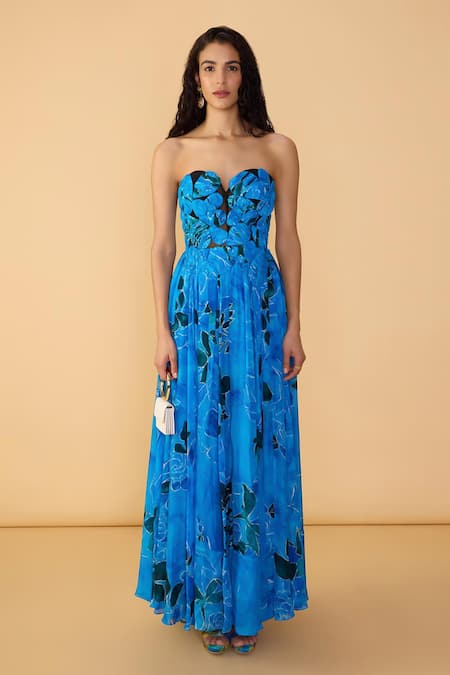 Saaksha & Kinni_Blue Chiffon, Net Embroidery, Applique, Cut Work Rose Athena Printed Gown _Online_at_Aza_Fashions