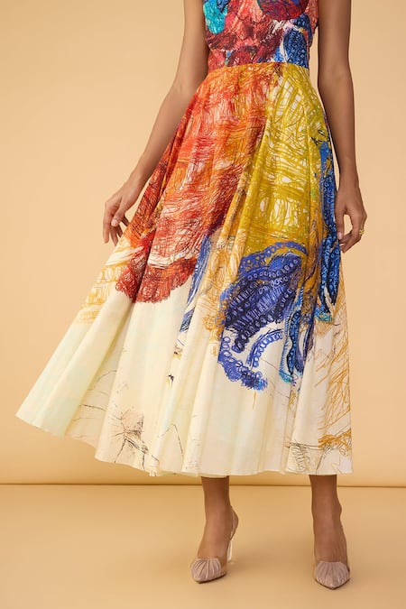 Buy_Saaksha & Kinni_Multi Color Cambric Sweetheart Neck Scribble Dense Marilyn Printed Dress _Online_at_Aza_Fashions