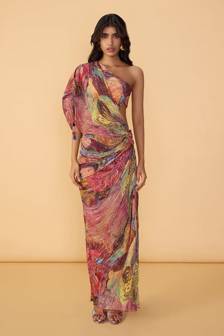 Saaksha & Kinni_Multi Color Cotton, Lycra, Silk Tassels One Floroscent Daisy Linny Printed Dress _Online_at_Aza_Fashions