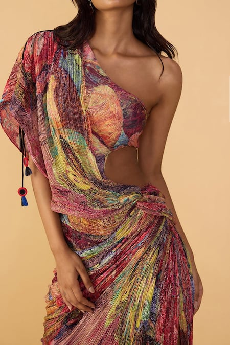 Shop_Saaksha & Kinni_Multi Color Cotton, Lycra, Silk Tassels One Floroscent Daisy Linny Printed Dress _Online_at_Aza_Fashions