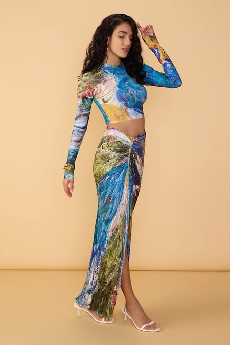 Shop_Saaksha & Kinni_Multi Color Polyester, Chiffon Scribble Dense Gigi Printed Skirt _Online_at_Aza_Fashions