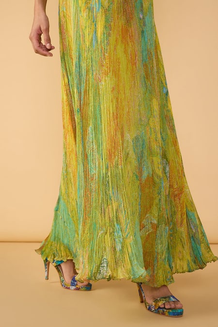 Shop_Saaksha & Kinni_Yellow Chiffon Sweetheart Neck Daisy Kiara Printed Dress _Online_at_Aza_Fashions