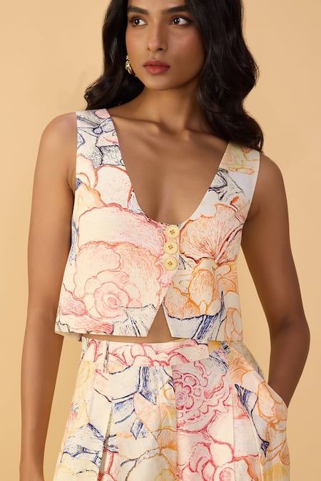 Buy_Saaksha & Kinni_Off White Crepe Plunge Neck Aura Scratches Delfie Printed Waistcoat _Online_at_Aza_Fashions