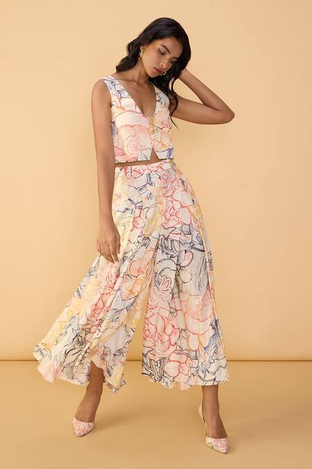 Buy_Saaksha & Kinni_Multi Color Crepe Aura Scratches Polina Printed Trouser _Online_at_Aza_Fashions