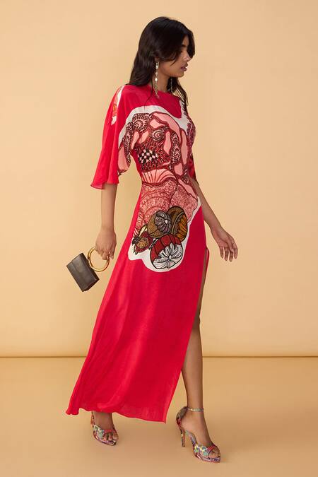 Buy_Saaksha & Kinni_Red Crepe Round Neck Velvet Mischka Printed Dress _Online_at_Aza_Fashions