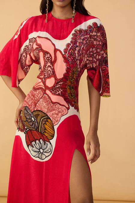 Shop_Saaksha & Kinni_Red Crepe Round Neck Velvet Mischka Printed Dress _Online_at_Aza_Fashions