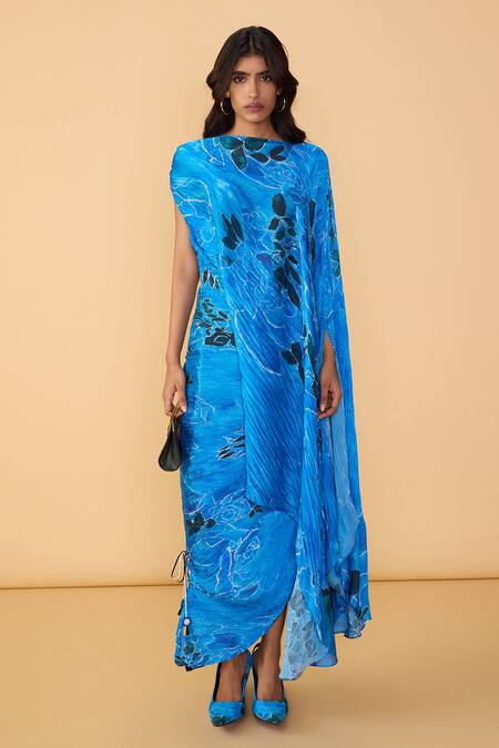 Saaksha & Kinni_Blue Chiffon Boat Neck Rose Kathy Pleated Dress _Online_at_Aza_Fashions
