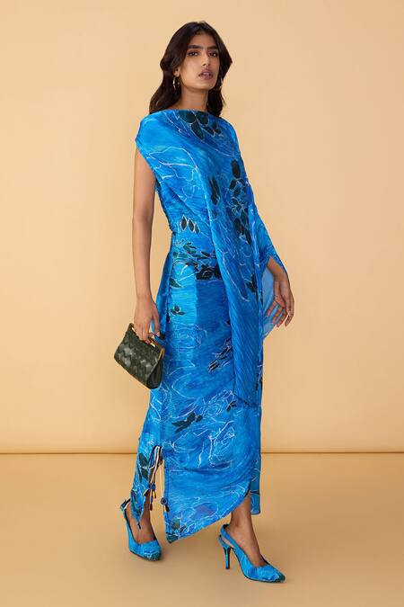Buy_Saaksha & Kinni_Blue Chiffon Boat Neck Rose Kathy Pleated Dress _Online_at_Aza_Fashions