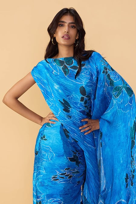 Shop_Saaksha & Kinni_Blue Chiffon Boat Neck Rose Kathy Pleated Dress _Online_at_Aza_Fashions