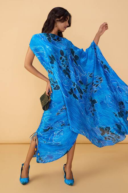 Saaksha & Kinni_Blue Chiffon Boat Neck Rose Kathy Pleated Dress _at_Aza_Fashions