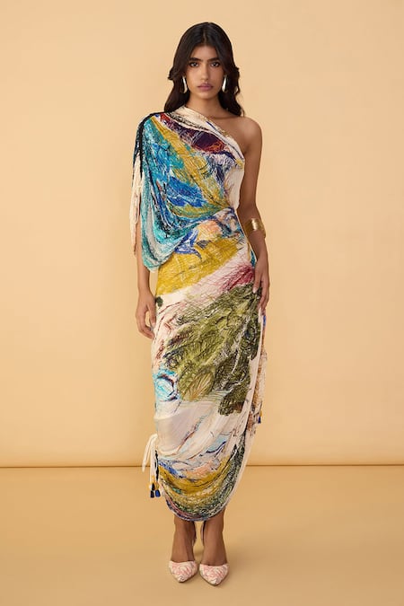 Buy_Saaksha & Kinni_Multi Color Cotton, Silk Mirrors, Tassels One Scribble Dense Mira Printed Dress _Online_at_Aza_Fashions
