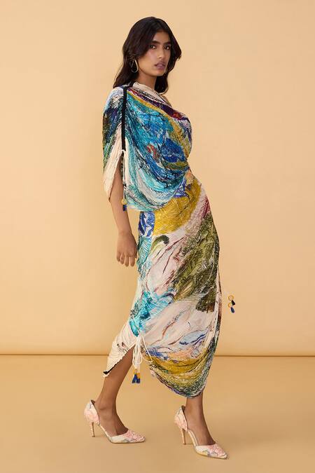 Shop_Saaksha & Kinni_Multi Color Cotton, Silk Mirrors, Tassels One Scribble Dense Mira Printed Dress _Online_at_Aza_Fashions