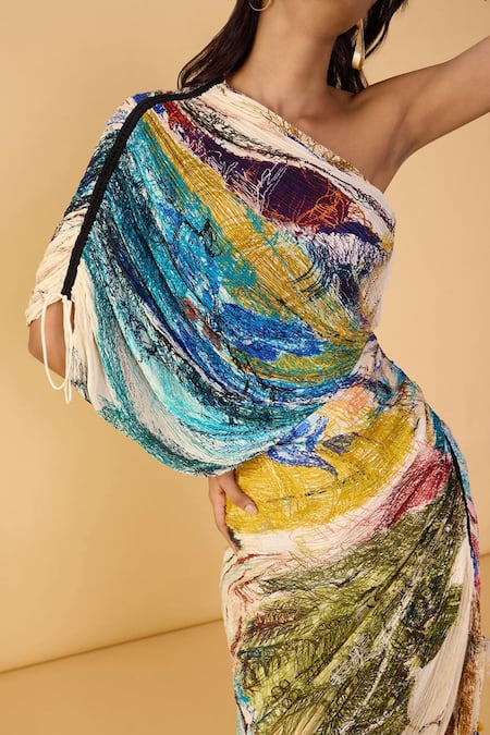 Saaksha & Kinni_Multi Color Cotton, Silk Mirrors, Tassels One Scribble Dense Mira Printed Dress _at_Aza_Fashions