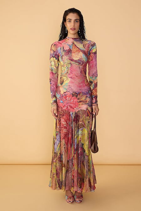 Saaksha & Kinni Multi Color Lycra, Chiffon High Neck Floroscent Daisy Maeva Printed Dress Online at Aza Fashions Saaksha & Kinni_Multi Color Lycra, Chiffon High Neck Floroscent Daisy Maeva Printed Dress _Online_at_Aza_Fashions