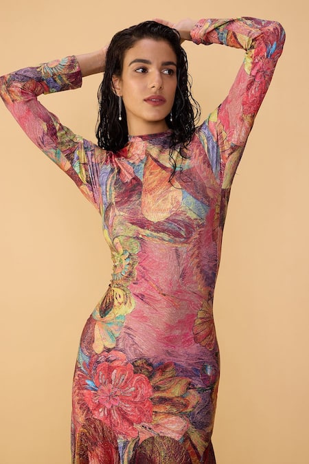 Shop Saaksha & Kinni Multi Color Lycra, Chiffon High Neck Floroscent Daisy Maeva Printed Dress Online at Aza Fashions Shop_Saaksha & Kinni_Multi Color Lycra, Chiffon High Neck Floroscent Daisy Maeva Printed Dress _Online_at_Aza_Fashions