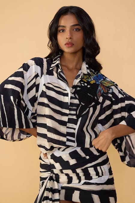 Saaksha & Kinni_Black Cambric And White Stripe Carlitta Skirt _Online_at_Aza_Fashions