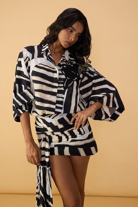 Saaksha & Kinni_Black Cambric And White Stripe Carlitta Skirt _at_Aza_Fashions