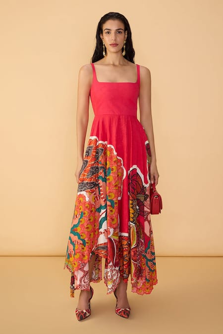 Saaksha & Kinni_Red Cambric Embroidery, Cut Work, Applique Square Neck Velvet Neva Dress _Online_at_Aza_Fashions