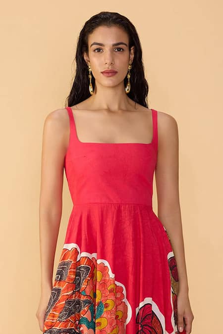 Buy_Saaksha & Kinni_Red Cambric Embroidery, Cut Work, Applique Square Neck Velvet Neva Dress _Online_at_Aza_Fashions