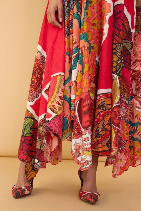 Shop_Saaksha & Kinni_Red Cambric Embroidery, Cut Work, Applique Square Neck Velvet Neva Dress _Online_at_Aza_Fashions