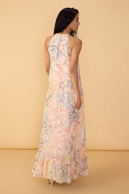 Shop_Saaksha & Kinni_White Chiffon Halter Neck Aura Scratches Kimiko Printed Dress _at_Aza_Fashions