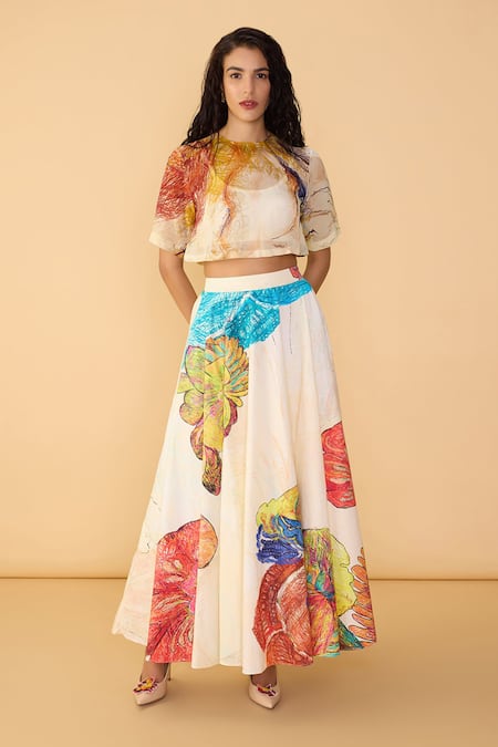 Saaksha & Kinni Multi Color Organza Round Neck Scribble Dense Rosetta Printed Blouse Online at Aza Fashions Saaksha & Kinni_Multi Color Organza Round Neck Scribble Dense Rosetta Printed Blouse _Online_at_Aza_Fashions