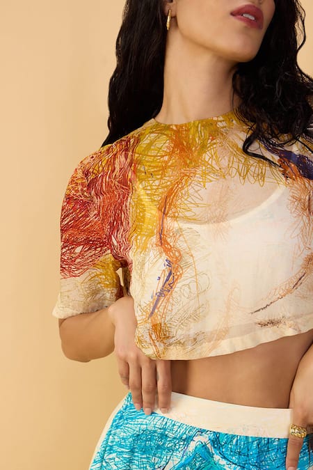 Shop Saaksha & Kinni Multi Color Organza Round Neck Scribble Dense Rosetta Printed Blouse Online at Aza Fashions Shop_Saaksha & Kinni_Multi Color Organza Round Neck Scribble Dense Rosetta Printed Blouse _Online_at_Aza_Fashions