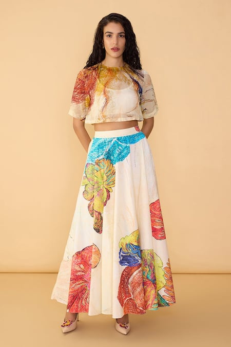 Saaksha & Kinni_Off White Poplin Daisy Scribble Dracy Printed Skirt _Online_at_Aza_Fashions