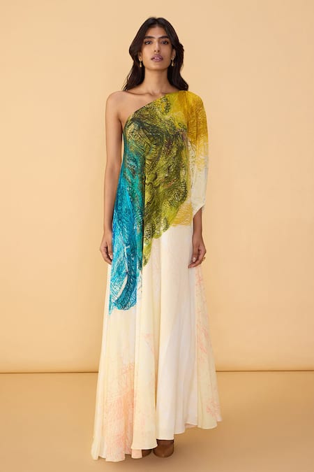 Saaksha & Kinni_Multi Color Crepe One Shoulder, Asymmetric Scribble Chintz Christy Dress _Online_at_Aza_Fashions
