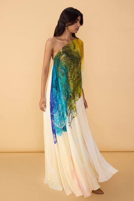 Buy_Saaksha & Kinni_Multi Color Crepe One Shoulder, Asymmetric Scribble Chintz Christy Dress _Online_at_Aza_Fashions