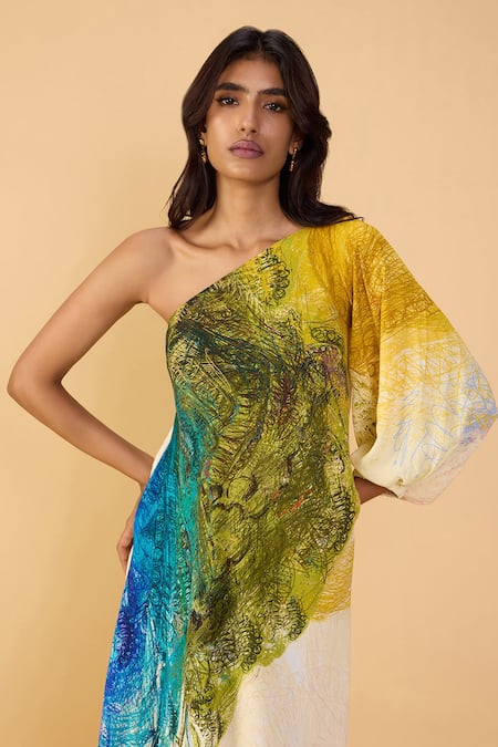 Saaksha & Kinni_Multi Color Crepe One Shoulder, Asymmetric Scribble Chintz Christy Dress _at_Aza_Fashions