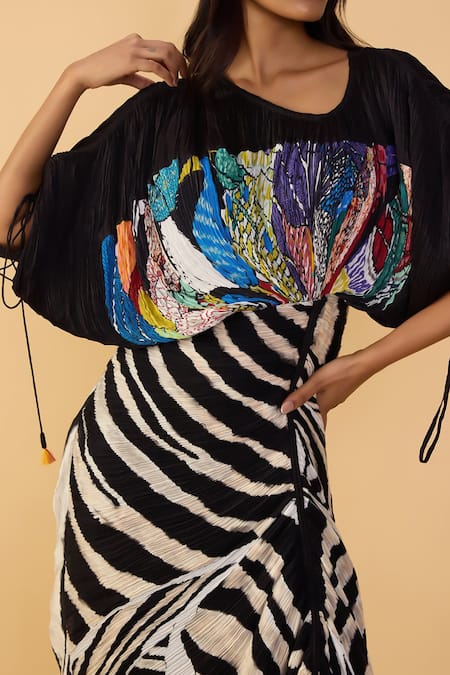 Shop_Saaksha & Kinni_Multi Color Cotton, Silk Tassels, Scribble Dense Black And White Stripe Zia Dress _Online_at_Aza_Fashions