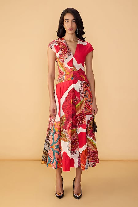 Saaksha & Kinni_Red Cambric, Cotton, Silk V-neck Velvet Ramie Printed Dress _Online_at_Aza_Fashions