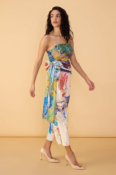 Saaksha & Kinni_Multi Color Cotton, Silk Bows Bandeau Neck Scribble Dense Amina Printed Blouse _Online_at_Aza_Fashions