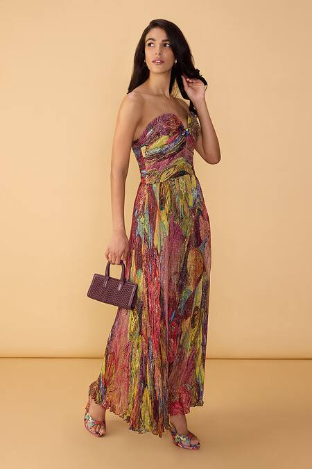 Buy_Saaksha & Kinni_Multi Color Chiffon Mirrors, Embroidery, Floroscent Daisy Claritta Printed Dress _Online_at_Aza_Fashions