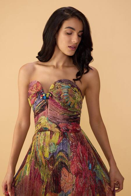 Shop_Saaksha & Kinni_Multi Color Chiffon Mirrors, Embroidery, Floroscent Daisy Claritta Printed Dress _Online_at_Aza_Fashions