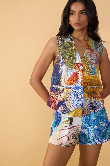 Saaksha & Kinni Multi Color Cotton, Silk V-neck Scribble Dense Ember Printed Waistcoat Online at Aza Fashions Saaksha & Kinni_Multi Color Cotton, Silk V-neck Scribble Dense Ember Printed Waistcoat _Online_at_Aza_Fashions